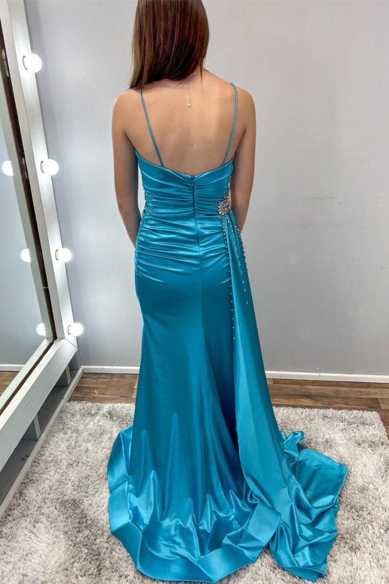 Earl | Teal Beaded Spaghetti Strap Long Gown with Attached Train - KissProm