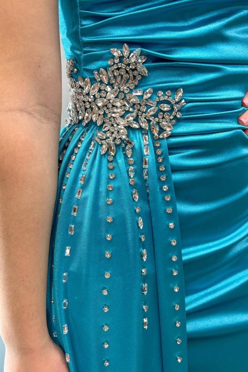 Earl | Teal Beaded Spaghetti Strap Long Gown with Attached Train - KissProm