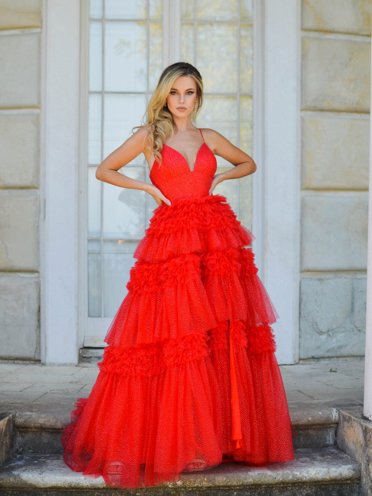 Deep v neck on sale tulle prom dress