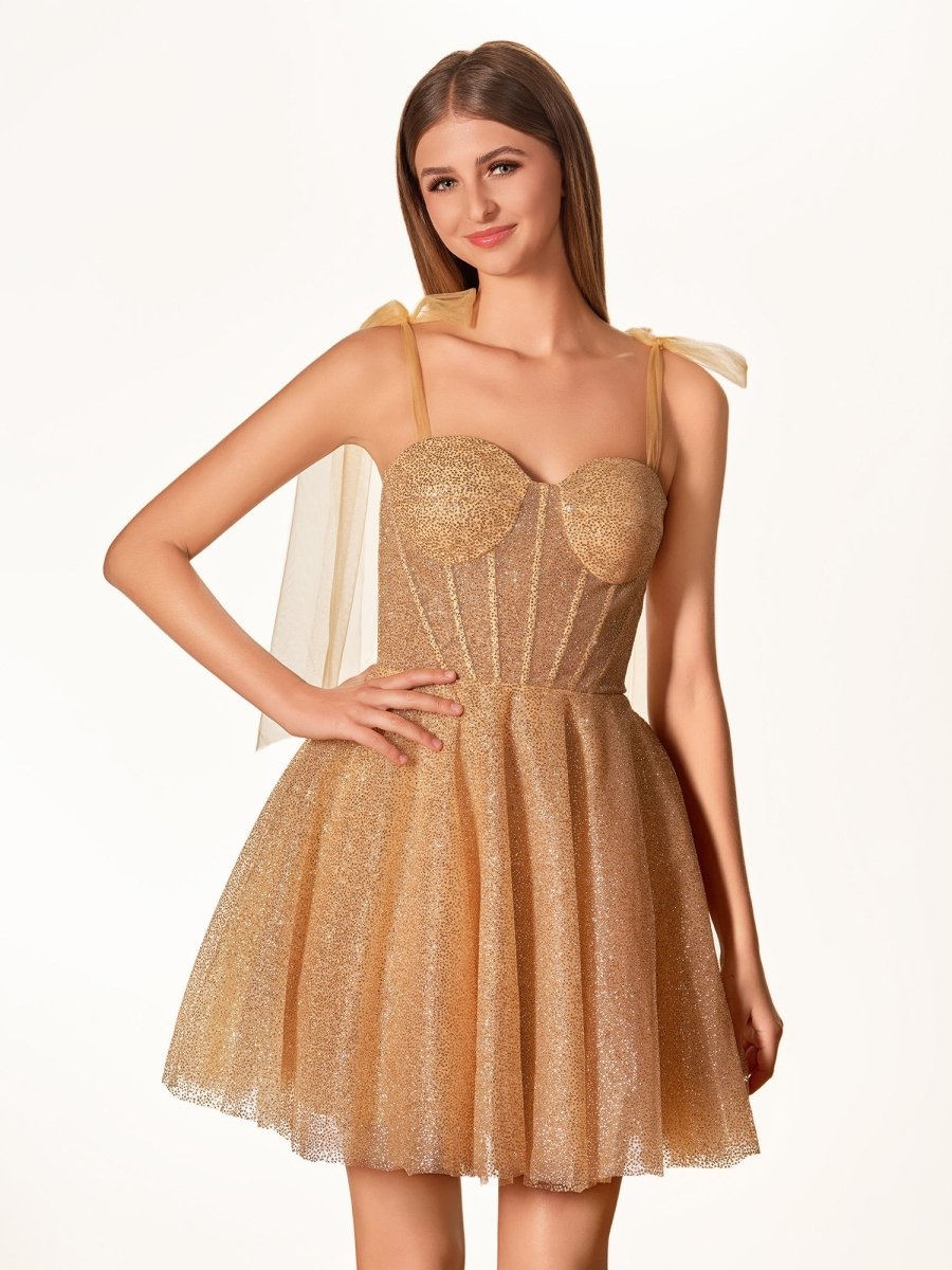 Jessalyn | A - Line Tie Shoulder Ivory Spraying Short Party Dress - KissProm