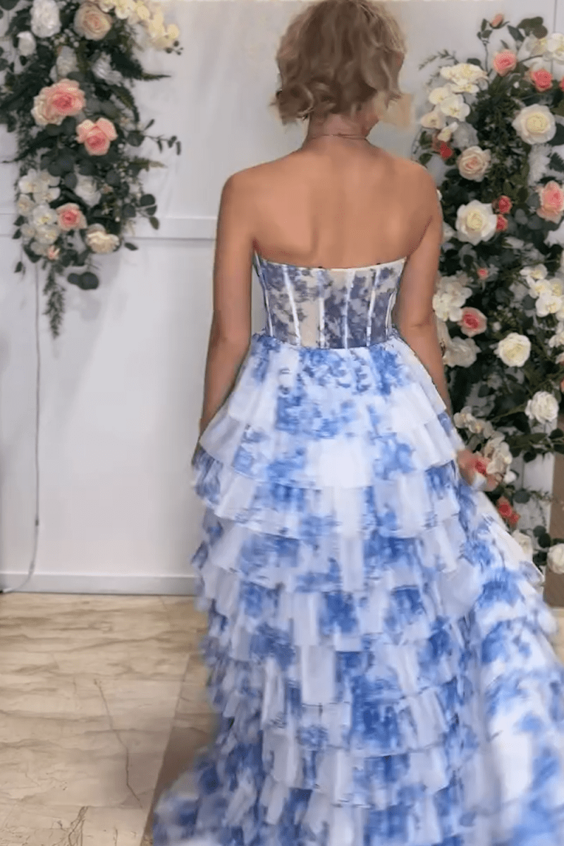 Tien | Blue Floral Printed Sweetheart Chiffon Tiered A - Line Long Corset Prom Dress - KissProm