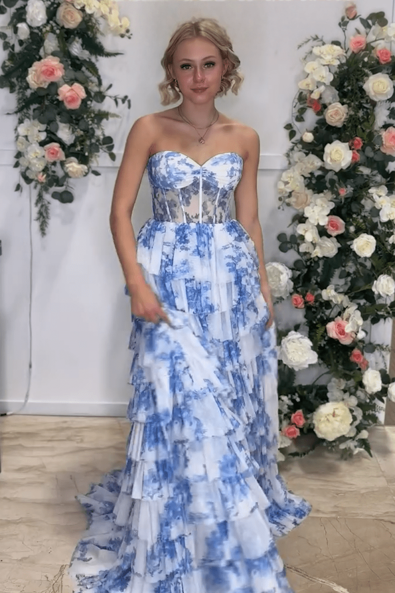 Tien | Blue Floral Printed Sweetheart Chiffon Tiered A - Line Long Corset Prom Dress - KissProm