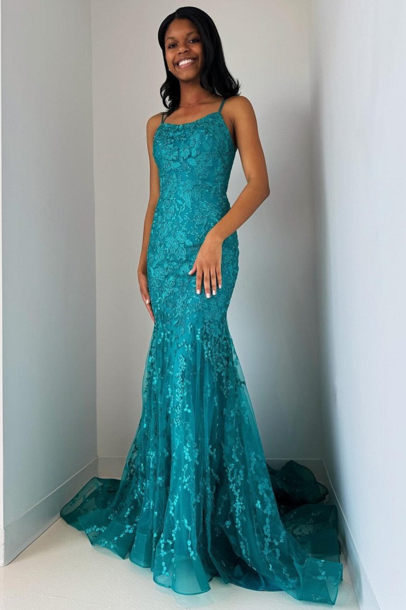 Elma | Turquoise Appliques Lace - Up Trumpet Long Prom Dress - KissProm