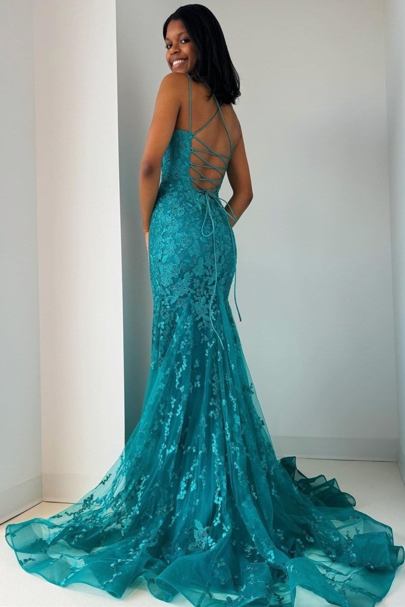 Elma | Turquoise Appliques Lace - Up Trumpet Long Prom Dress - KissProm