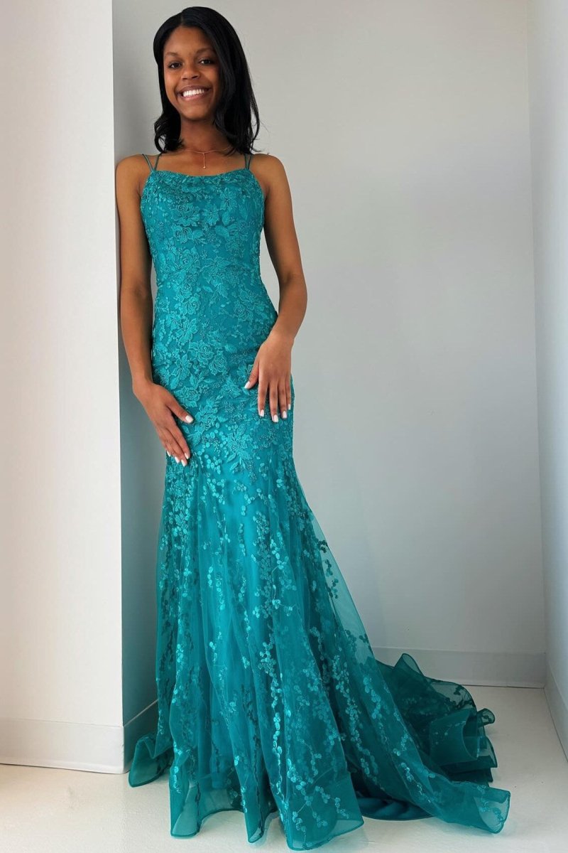 Elma | Turquoise Appliques Lace - Up Trumpet Long Prom Dress - KissProm