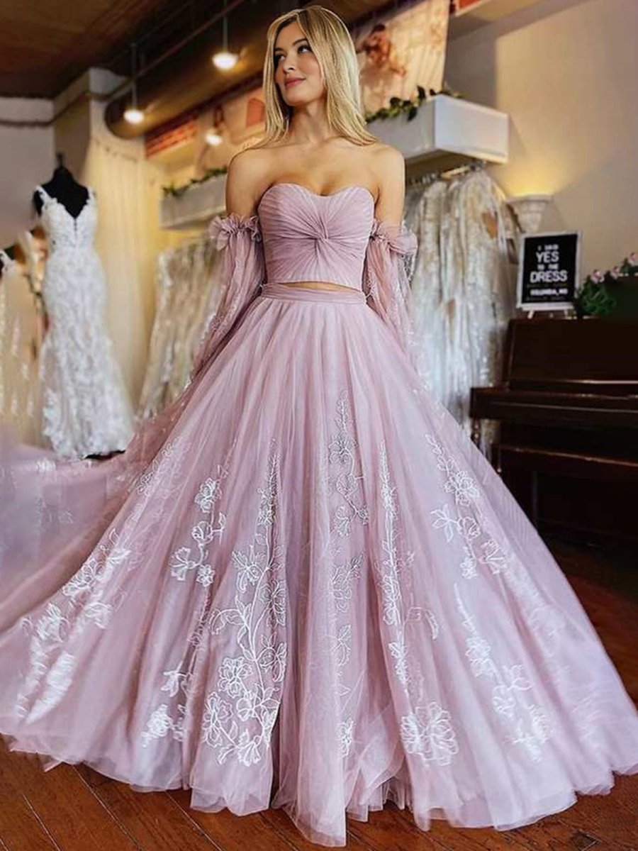 Two - Piece Dusty Pink Strapless A - Line Prom Dress with Sleeves - KissProm