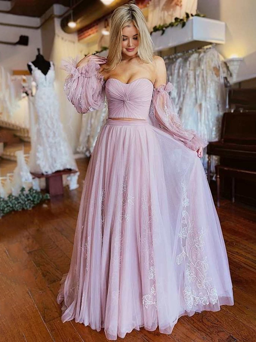 Two - Piece Dusty Pink Strapless A - Line Prom Dress with Sleeves - KissProm