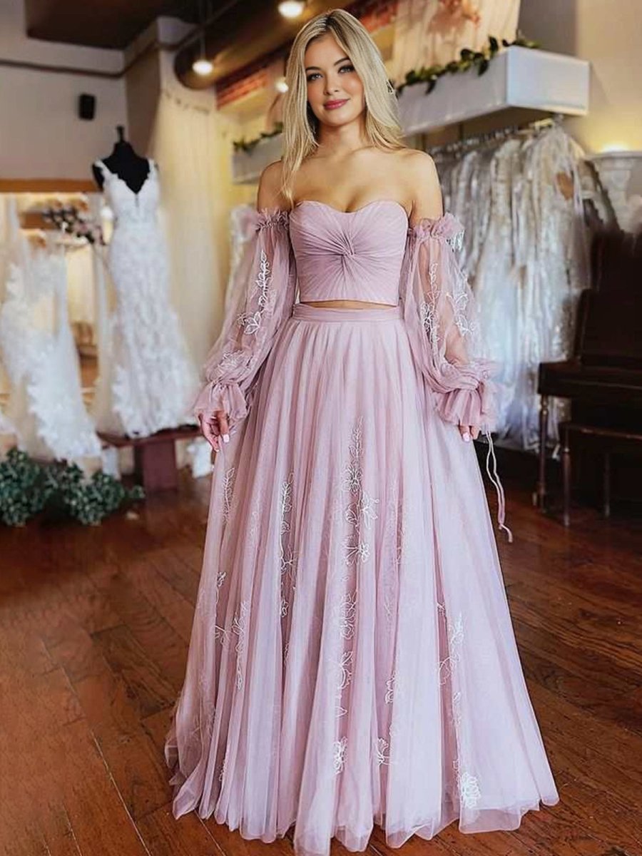 Two - Piece Dusty Pink Strapless A - Line Prom Dress with Sleeves - KissProm