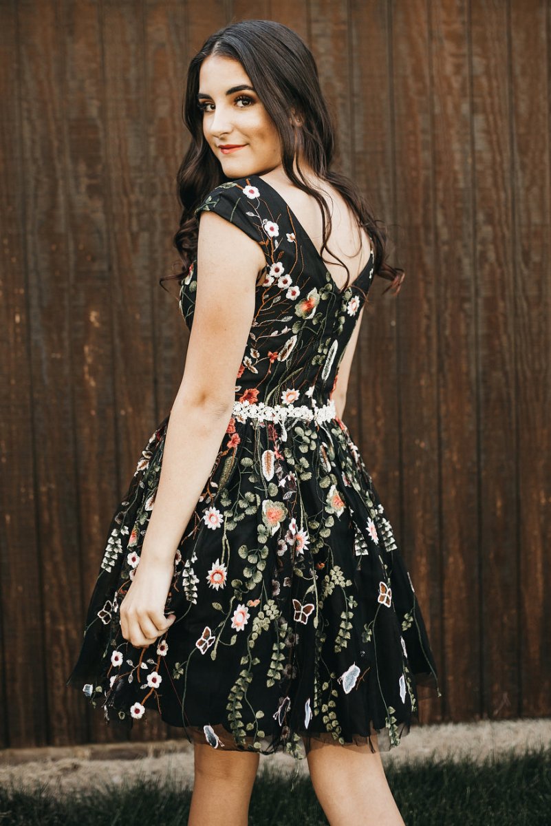 V - Neck Floral Black Homecoming Dress with Beaded Waist - KissProm