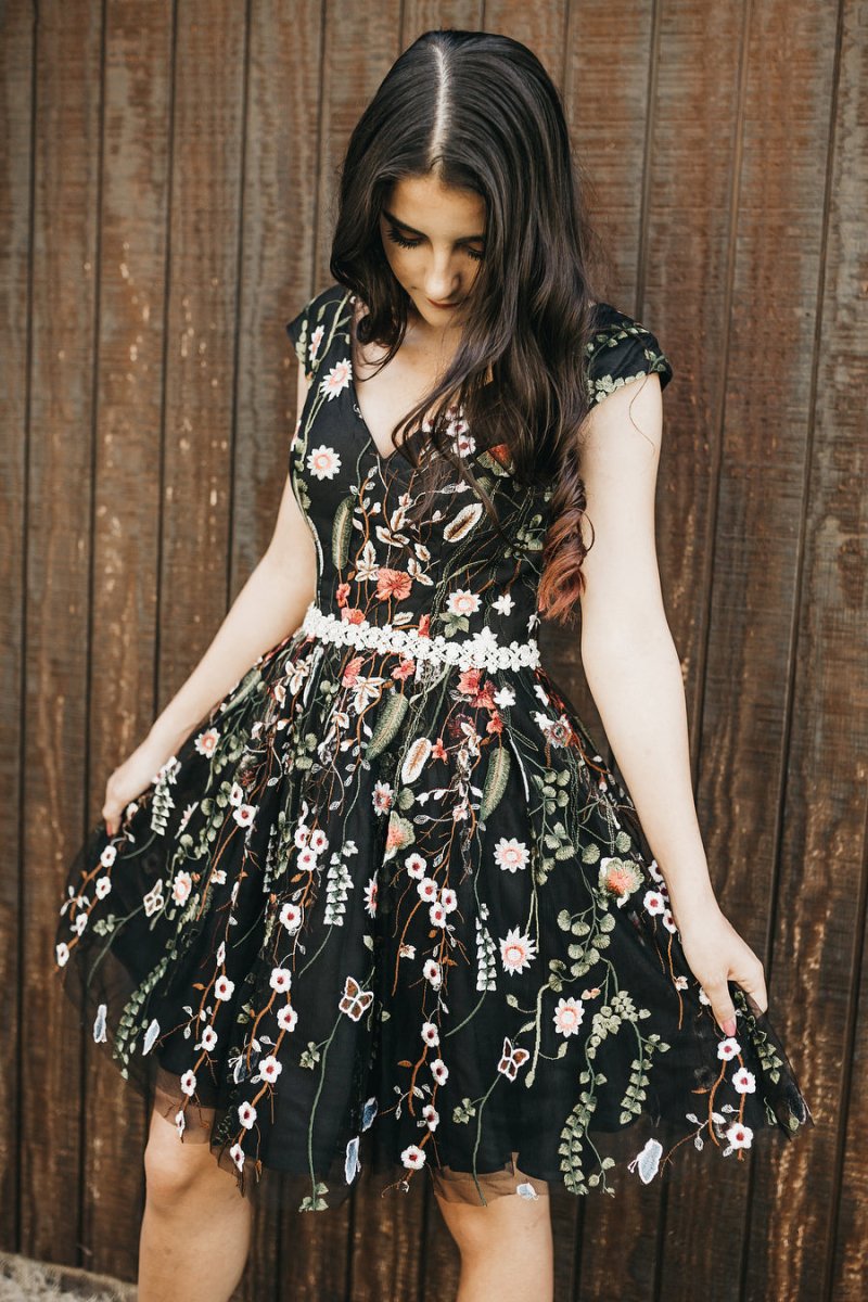 V - Neck Floral Black Homecoming Dress with Beaded Waist - KissProm