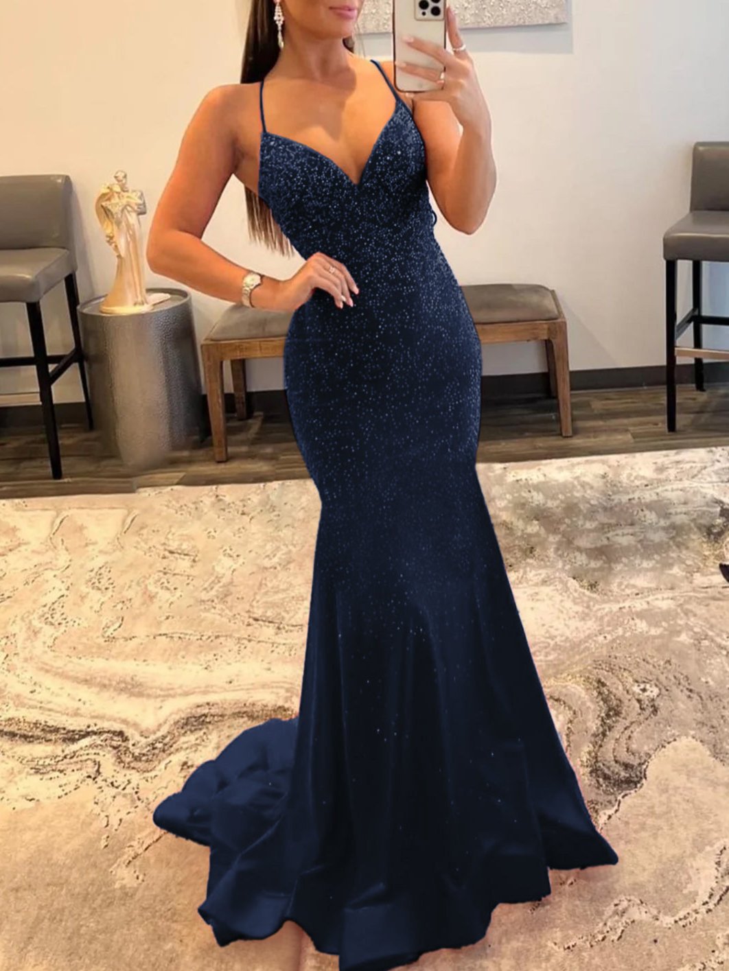 KissProm Mermaid V Neck Glitter Satin Prom Dress | The dress cascades down to a floor-length sweep train, letting you glide effortlessly across any room.