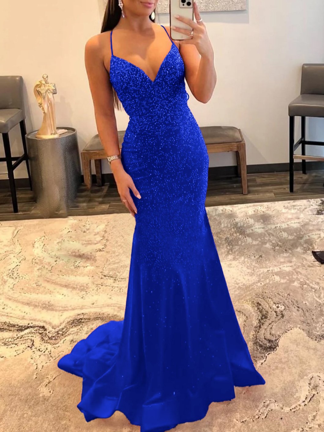 KissProm Mermaid V Neck Glitter Satin Prom Dress | The dress cascades down to a floor-length sweep train, letting you glide effortlessly across any room.