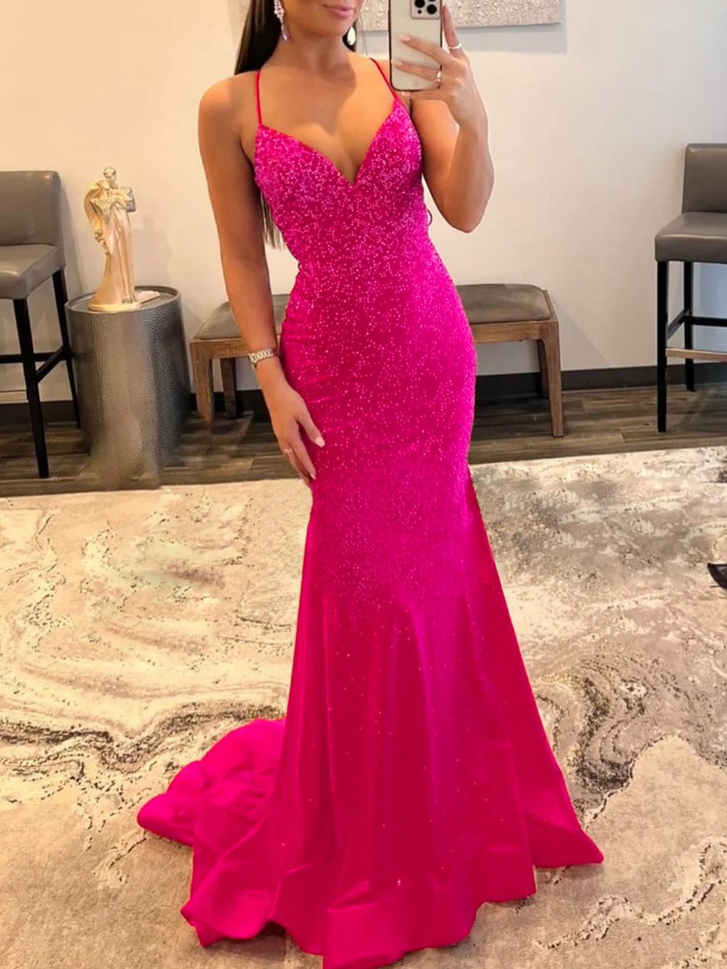 KissProm Mermaid V Neck Glitter Satin Prom Dress | The dress cascades down to a floor-length sweep train, letting you glide effortlessly across any room.