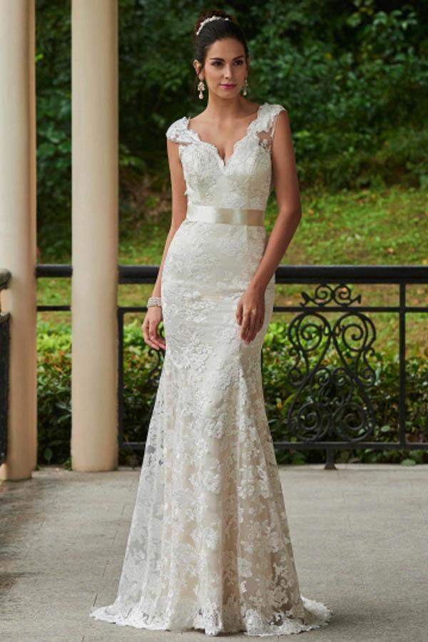 Classic Mermaid V - Neck White Lace Backless Wedding Bridal Dress - KissProm