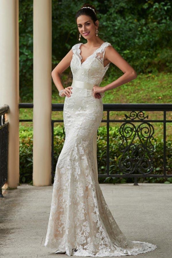 Classic Mermaid V - Neck White Lace Backless Wedding Bridal Dress - KissProm