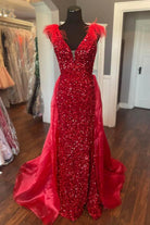 Lilianna | V - Neck Red Sequin Feathers Long Prom Dress with Cape - KissProm