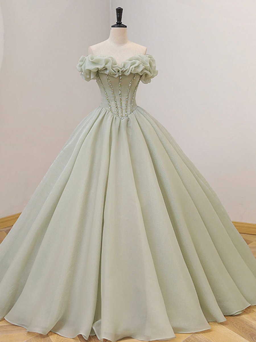 Quinceanera Dress Green Long Prom Dress Green Tulle Formal Sweet Dress with Beading - KissProm