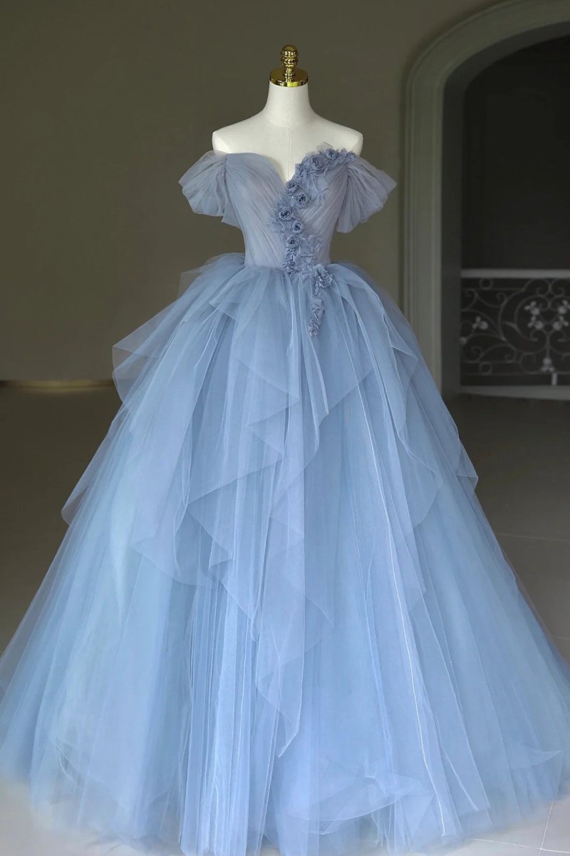 Kyra | Blue Tulle Floor Length Prom Dress, Off the Shoulder Evening Dress with 3D Flowers - KissProm