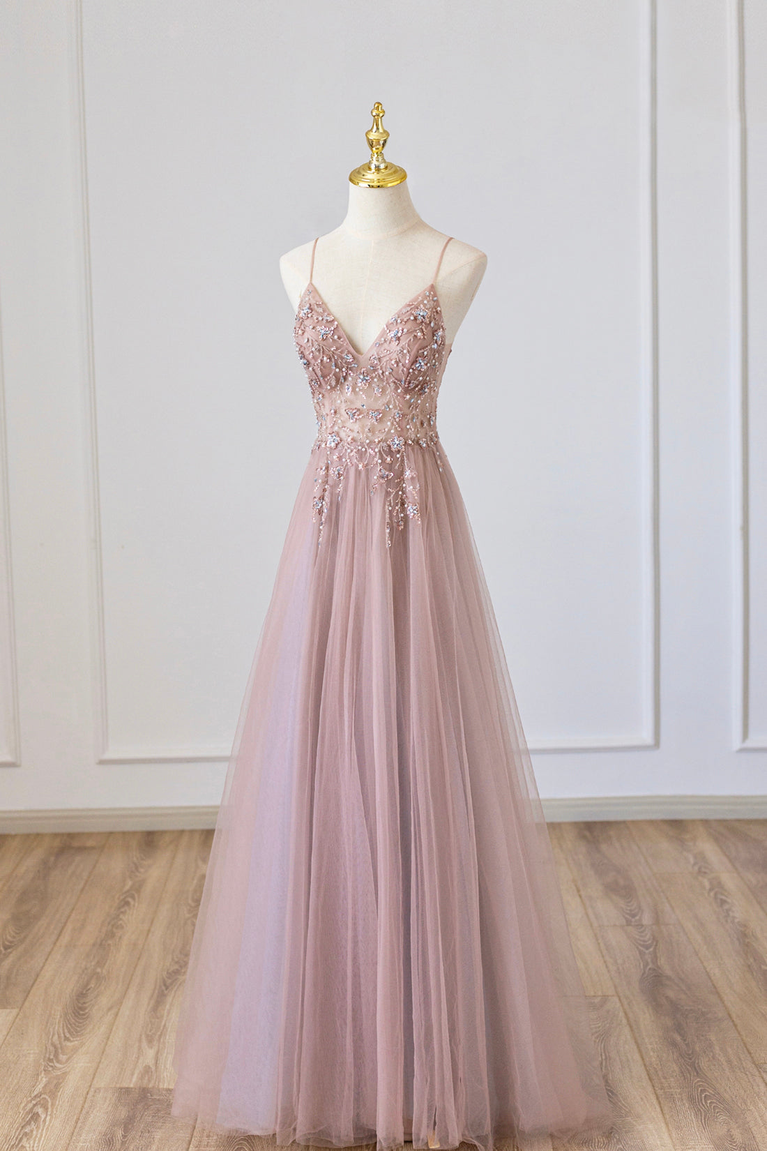 Yareli | Pink Tulle Long A-Line Prom Dress, Pink Spaghetti Formal Dres ...