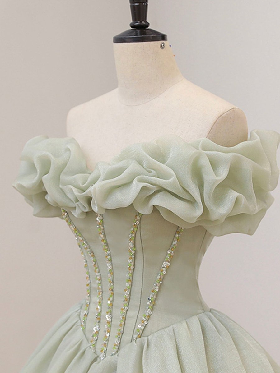 Quinceanera Dress Green Long Prom Dress Green Tulle Formal Sweet Dress with Beading - KissProm