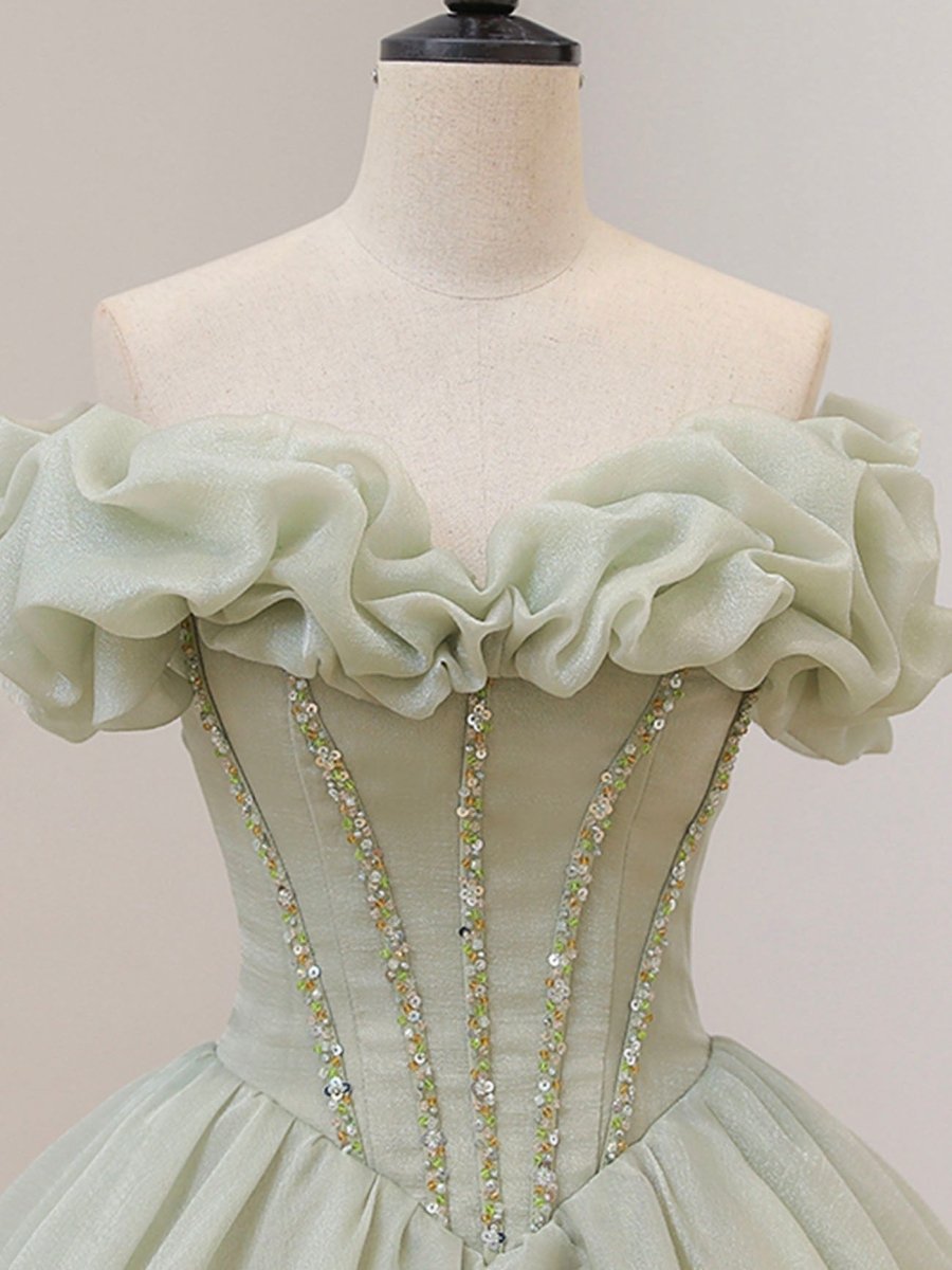 Quinceanera Dress Green Long Prom Dress Green Tulle Formal Sweet Dress with Beading - KissProm