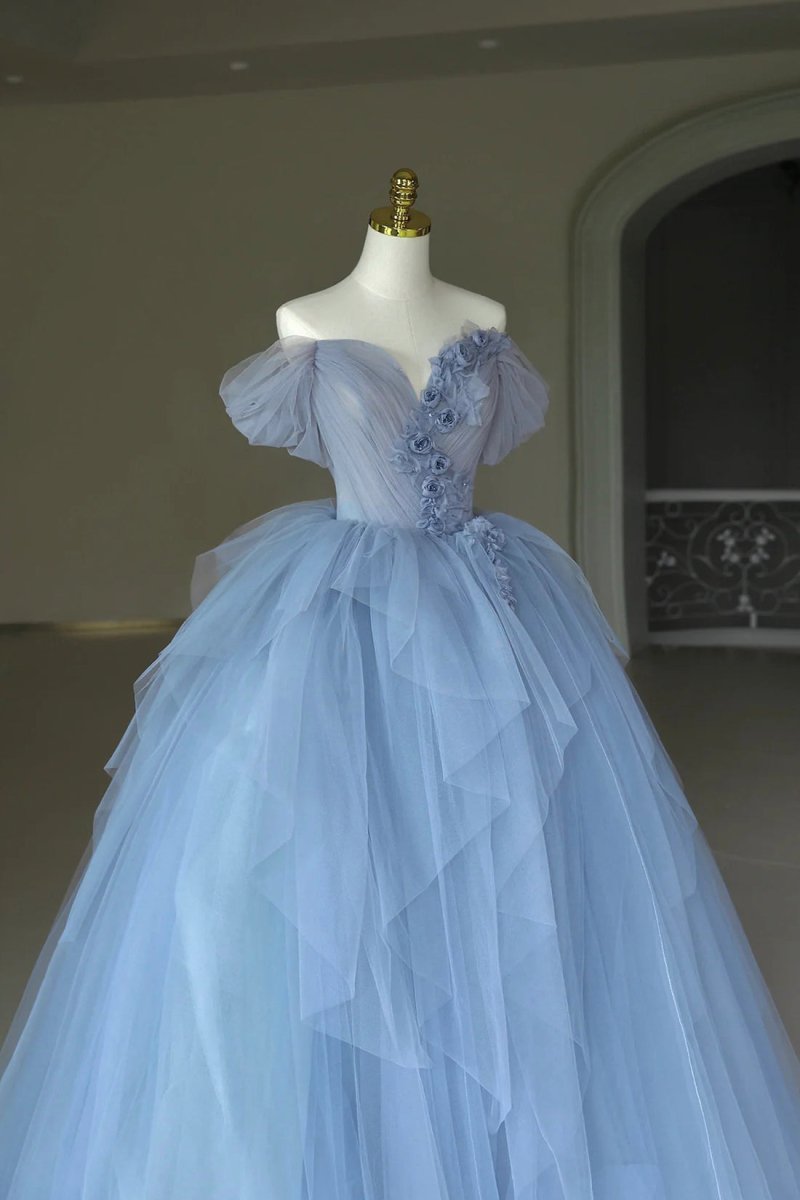 Kyra | Blue Tulle Floor Length Prom Dress, Off the Shoulder Evening Dress with 3D Flowers - KissProm