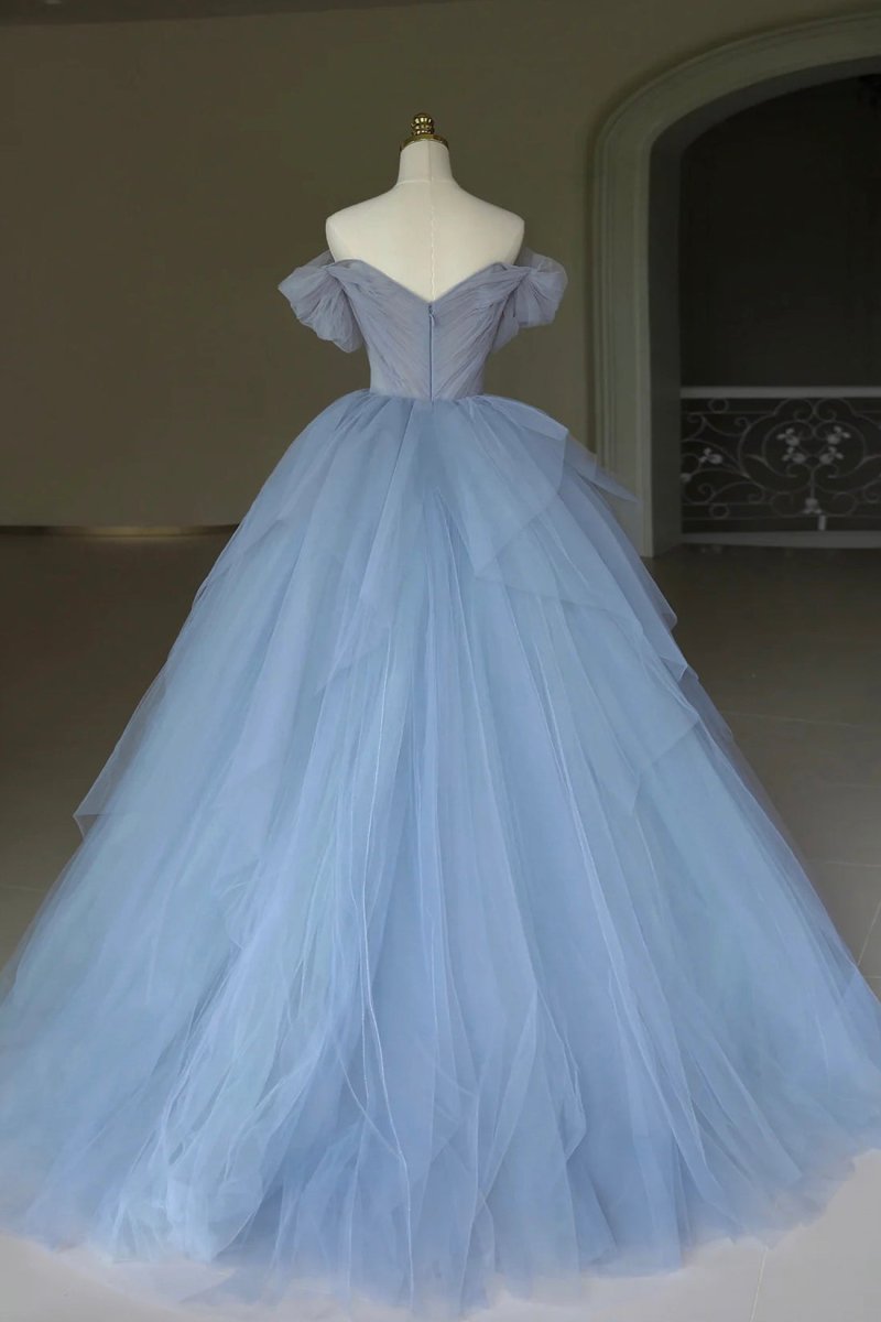 Kyra | Blue Tulle Floor Length Prom Dress, Off the Shoulder Evening Dress with 3D Flowers - KissProm