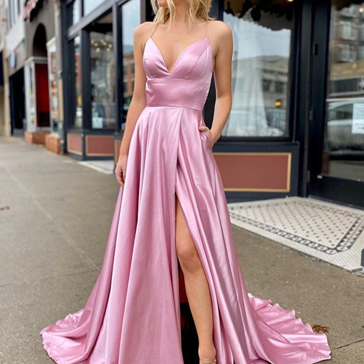 Valeria Pink V Neck Satin Backless A Line Prom Dress With Pockets