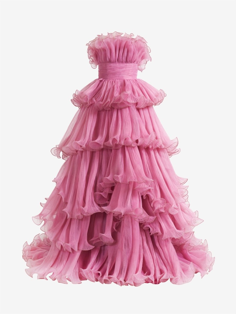 Vanessa |Pink Strapless A - Line Tiered Crinkled Tulle Prom Dress - KissProm