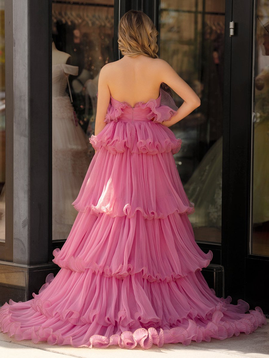 Vanessa |Pink Strapless A - Line Tiered Crinkled Tulle Prom Dress - KissProm