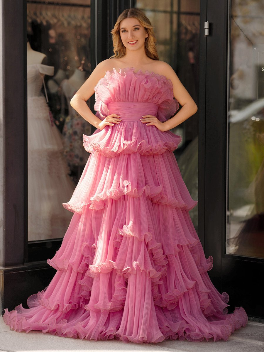 Vanessa |Pink Strapless A - Line Tiered Crinkled Tulle Prom Dress - KissProm