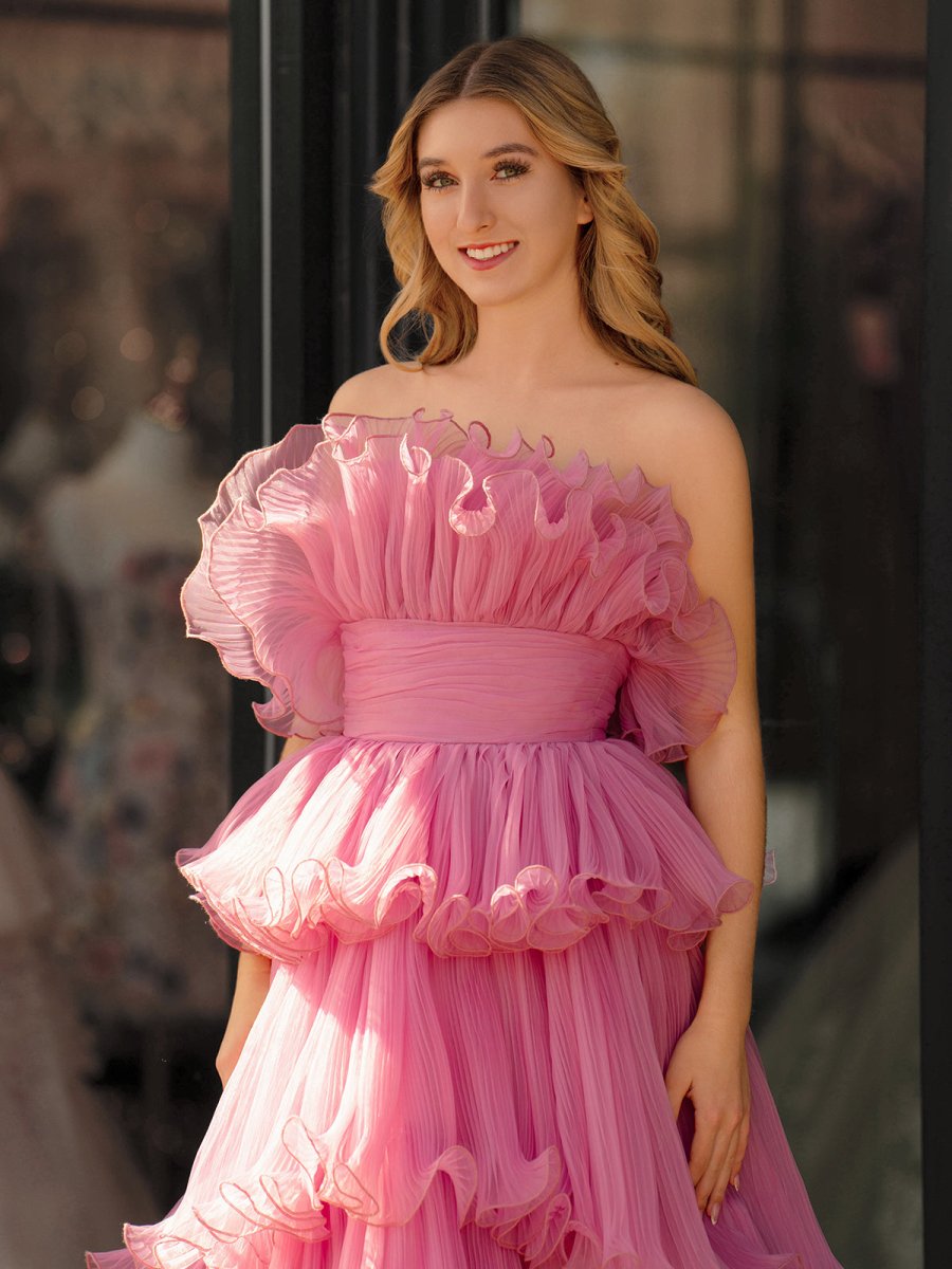 Vanessa |Pink Strapless A - Line Tiered Crinkled Tulle Prom Dress - KissProm