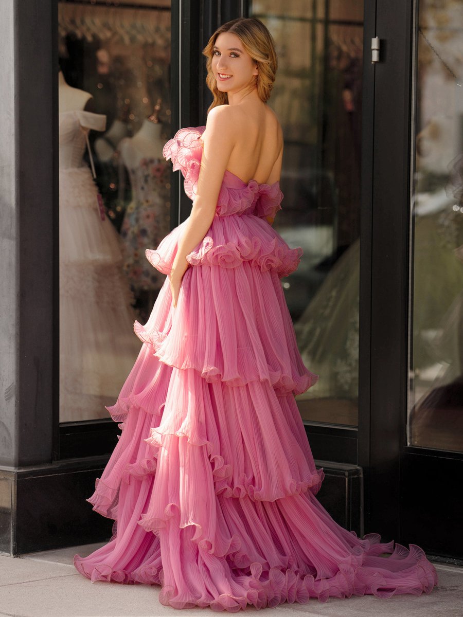 Vanessa |Pink Strapless A - Line Tiered Crinkled Tulle Prom Dress - KissProm