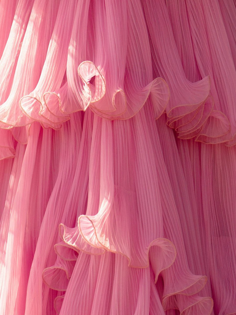 Vanessa |Pink Strapless A - Line Tiered Crinkled Tulle Prom Dress - KissProm