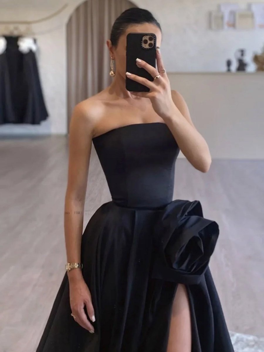 Vanora | Black Strapless Satin Long Prom Dress With High Split - KissProm