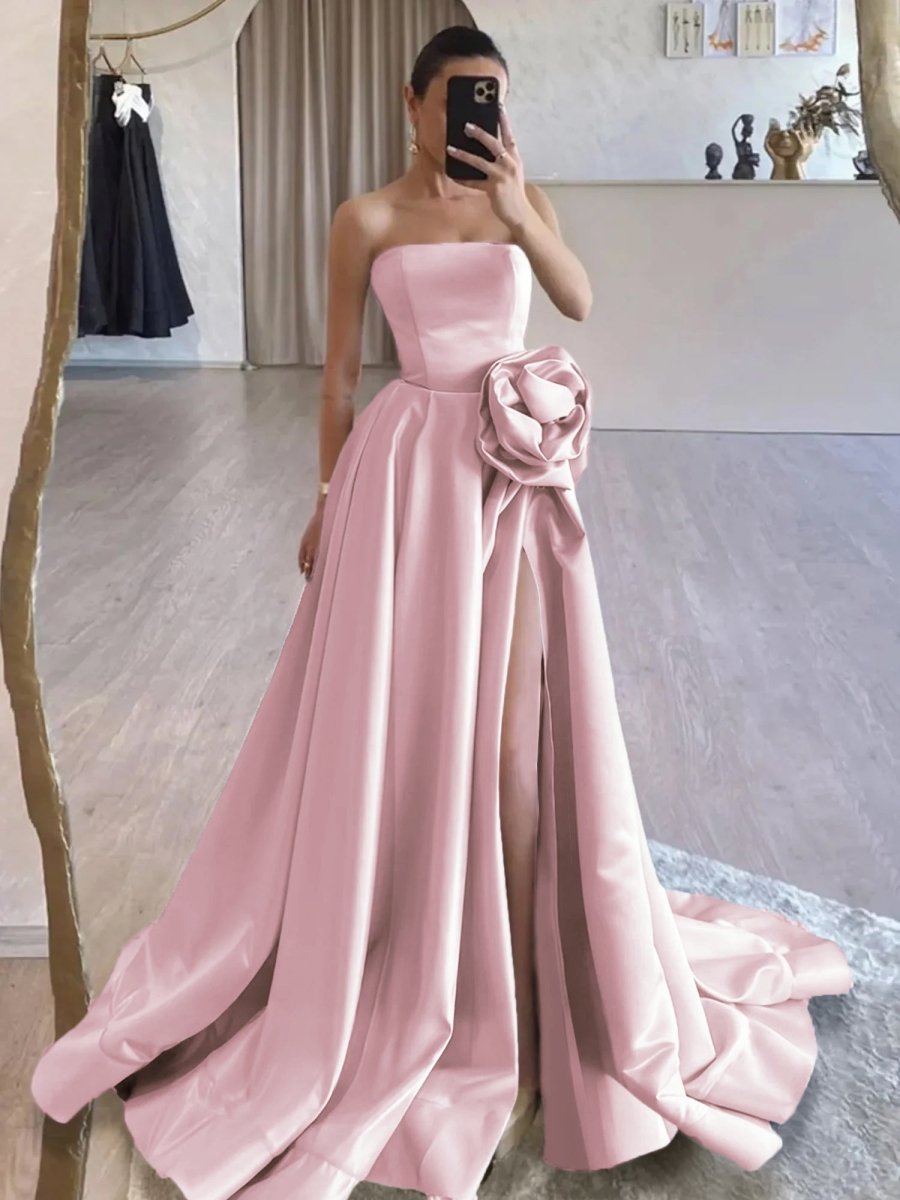 Vanora | Black Strapless Satin Long Prom Dress With High Split - KissProm