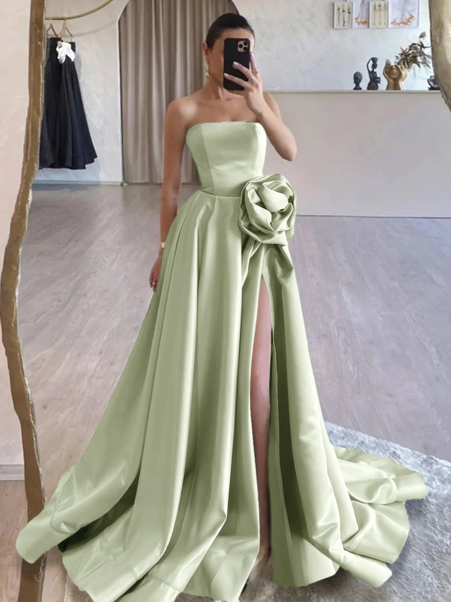 Vanora | Black Strapless Satin Long Prom Dress With High Split - KissProm