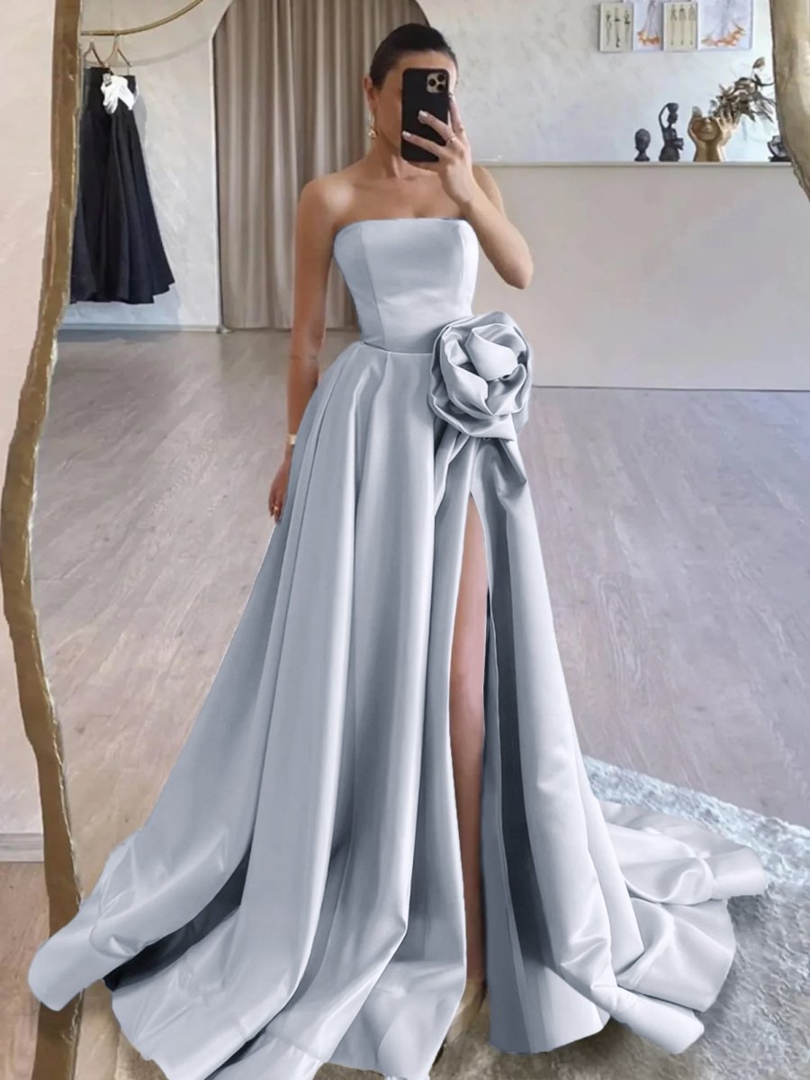 Vanora | Black Strapless Satin Long Prom Dress With High Split - KissProm