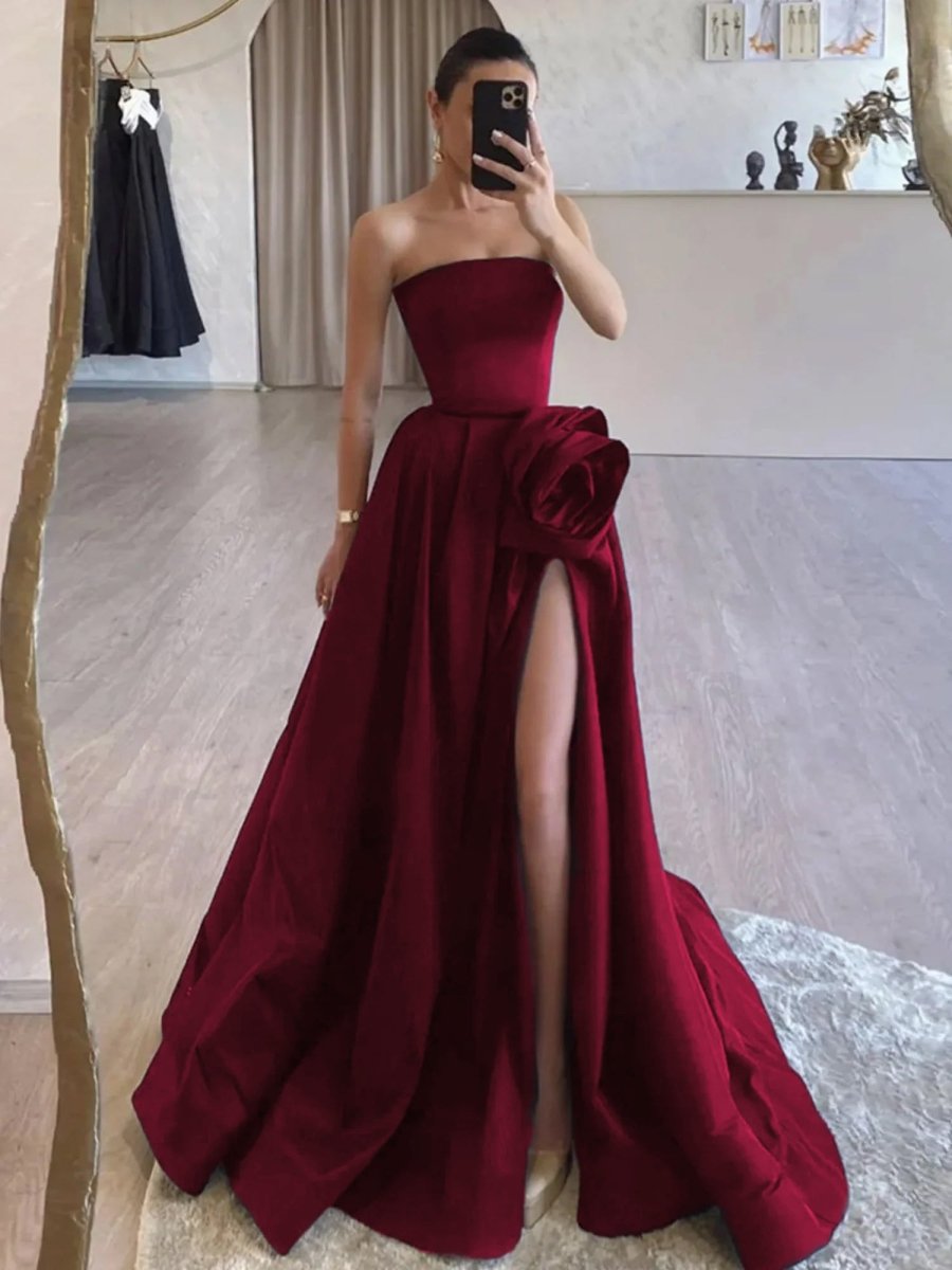 Vanora | Black Strapless Satin Long Prom Dress With High Split - KissProm