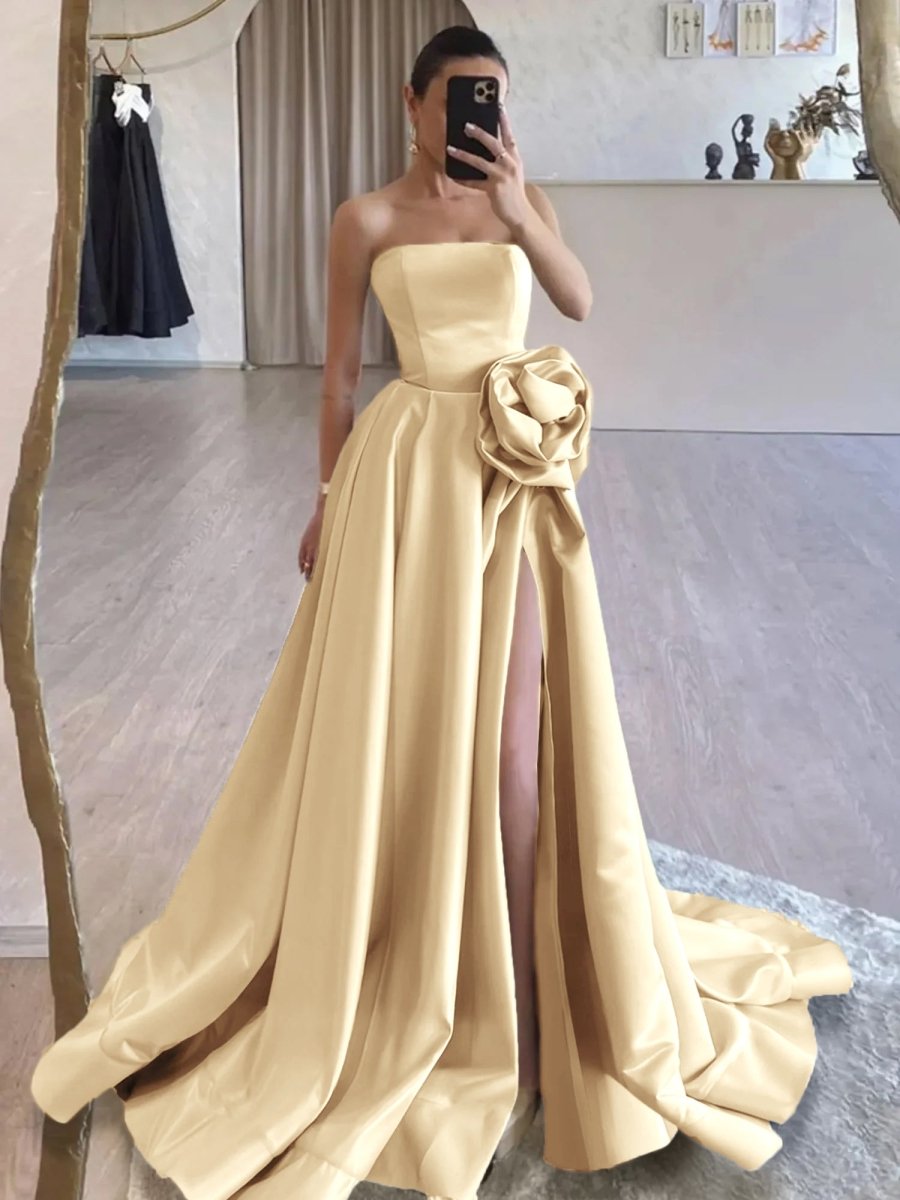 Vanora | Black Strapless Satin Long Prom Dress With High Split - KissProm