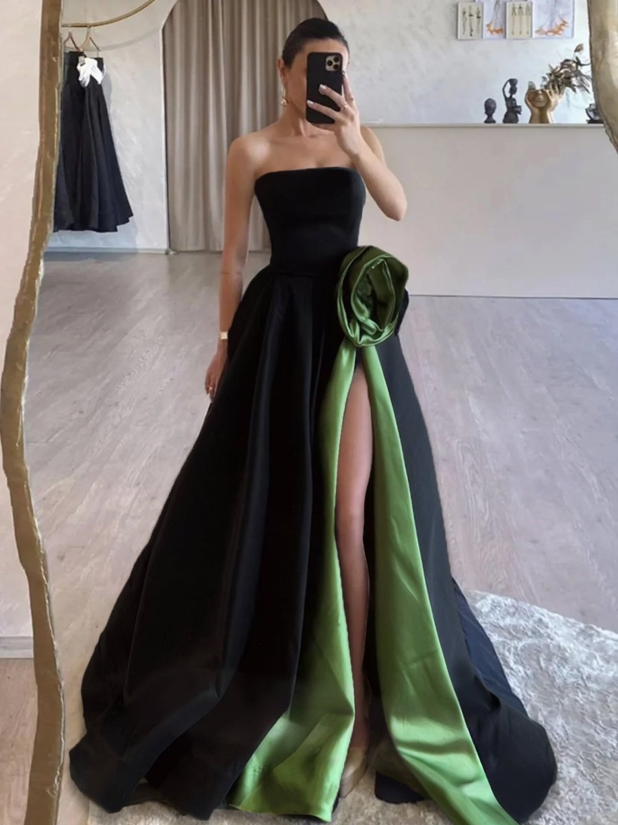 Vanora | Black Strapless Satin Long Prom Dress With High Split - KissProm