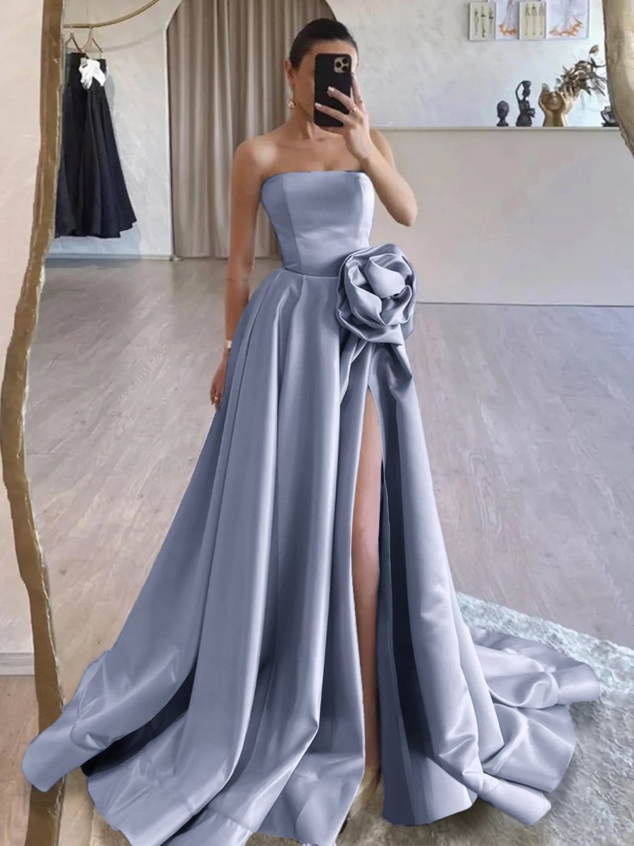 Vanora | Black Strapless Satin Long Prom Dress With High Split - KissProm