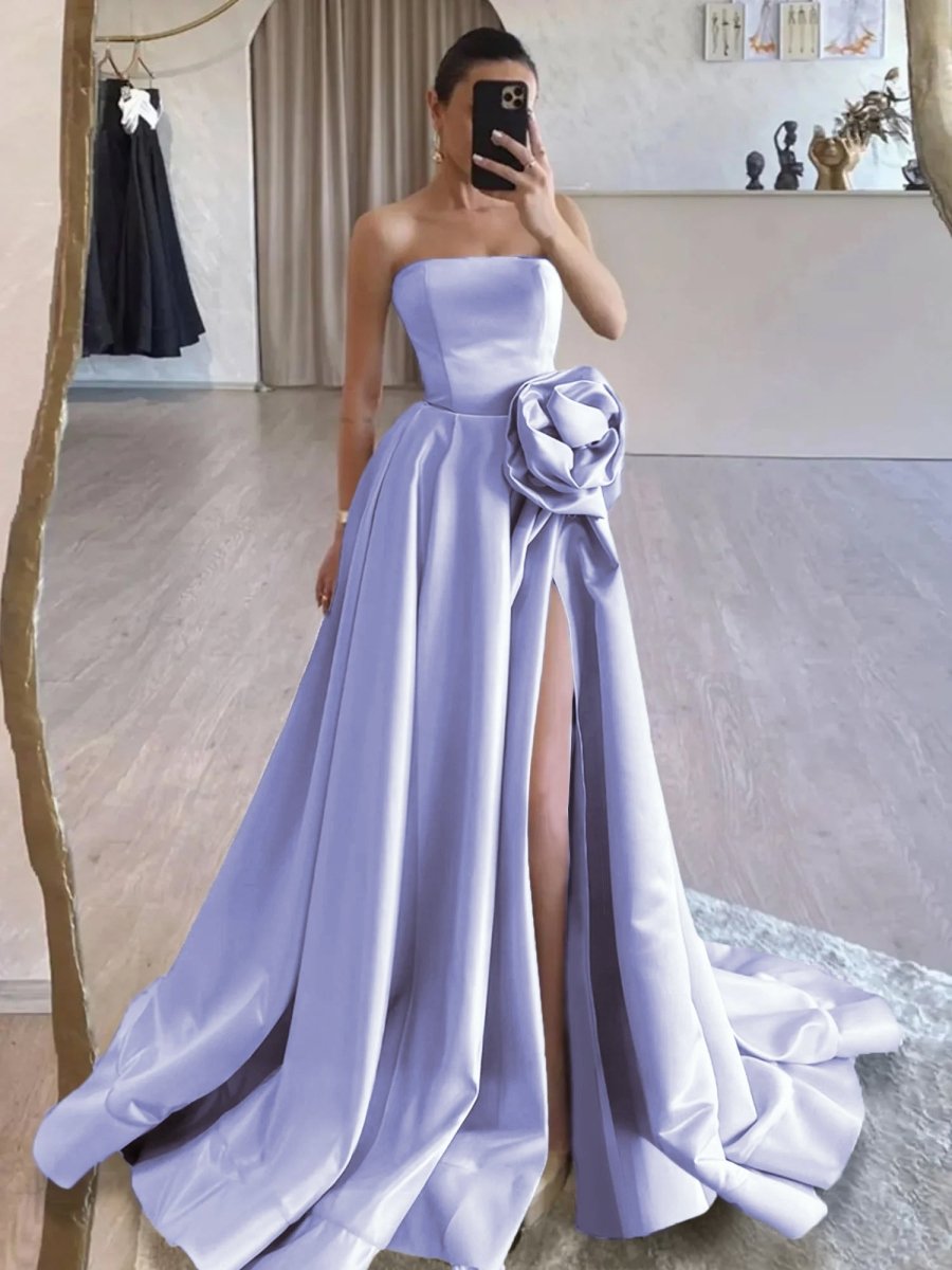 Vanora | Black Strapless Satin Long Prom Dress With High Split - KissProm