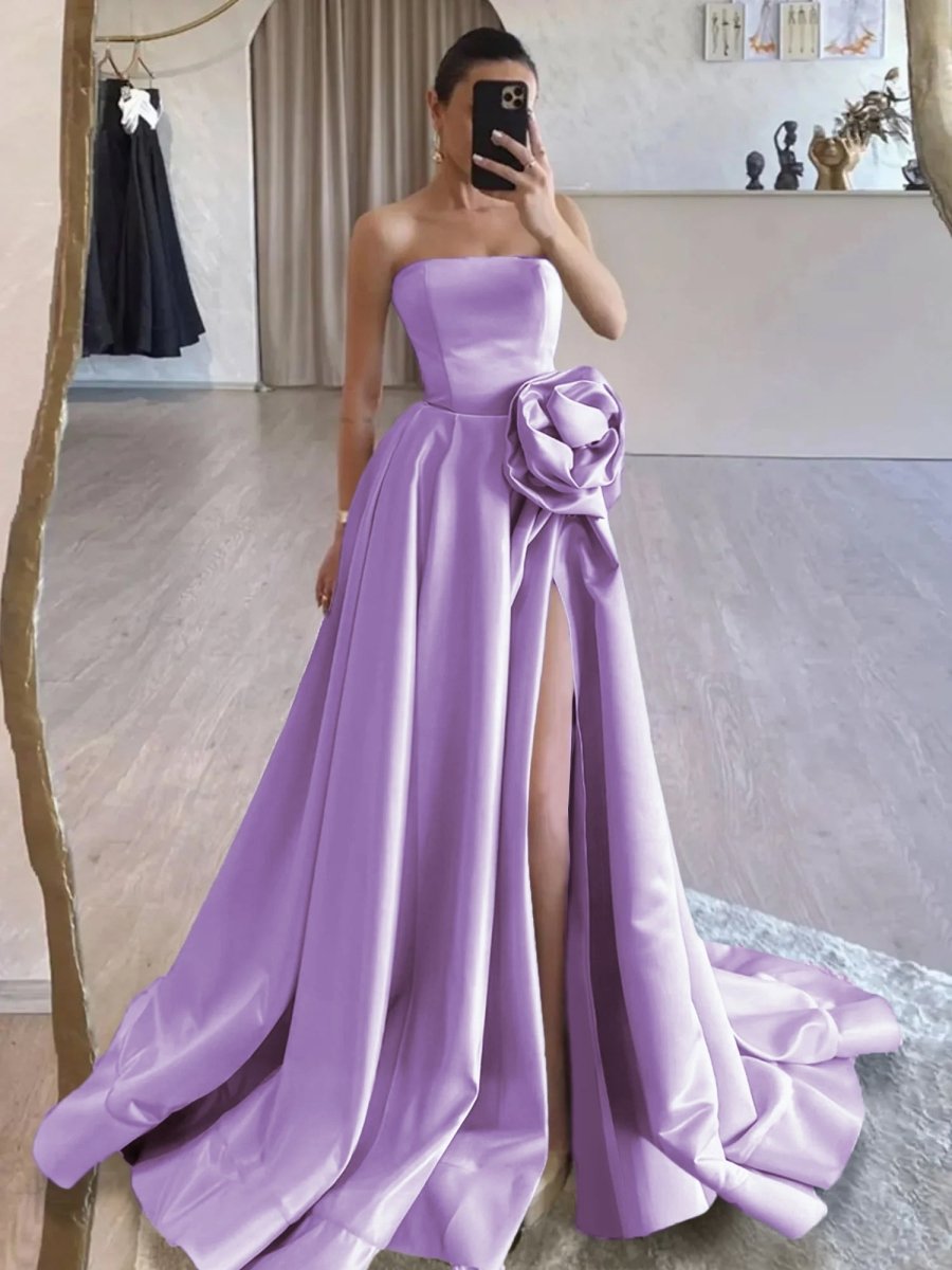 Vanora | Black Strapless Satin Long Prom Dress With High Split - KissProm