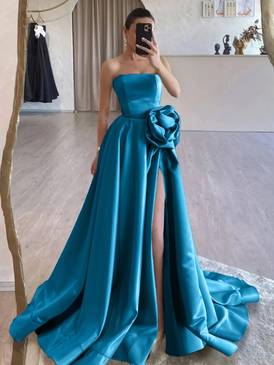 Vanora | Black Strapless Satin Long Prom Dress With High Split - KissProm