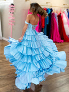 Verve | A Line V Neck Satin Tiered Long Prom Dresses With Beads - KissProm