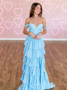 Verve | A Line V Neck Satin Tiered Long Prom Dresses With Beads - KissProm