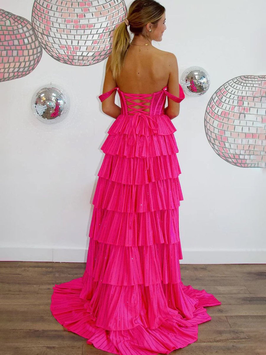 Verve | A Line V Neck Satin Tiered Long Prom Dresses With Beads - KissProm