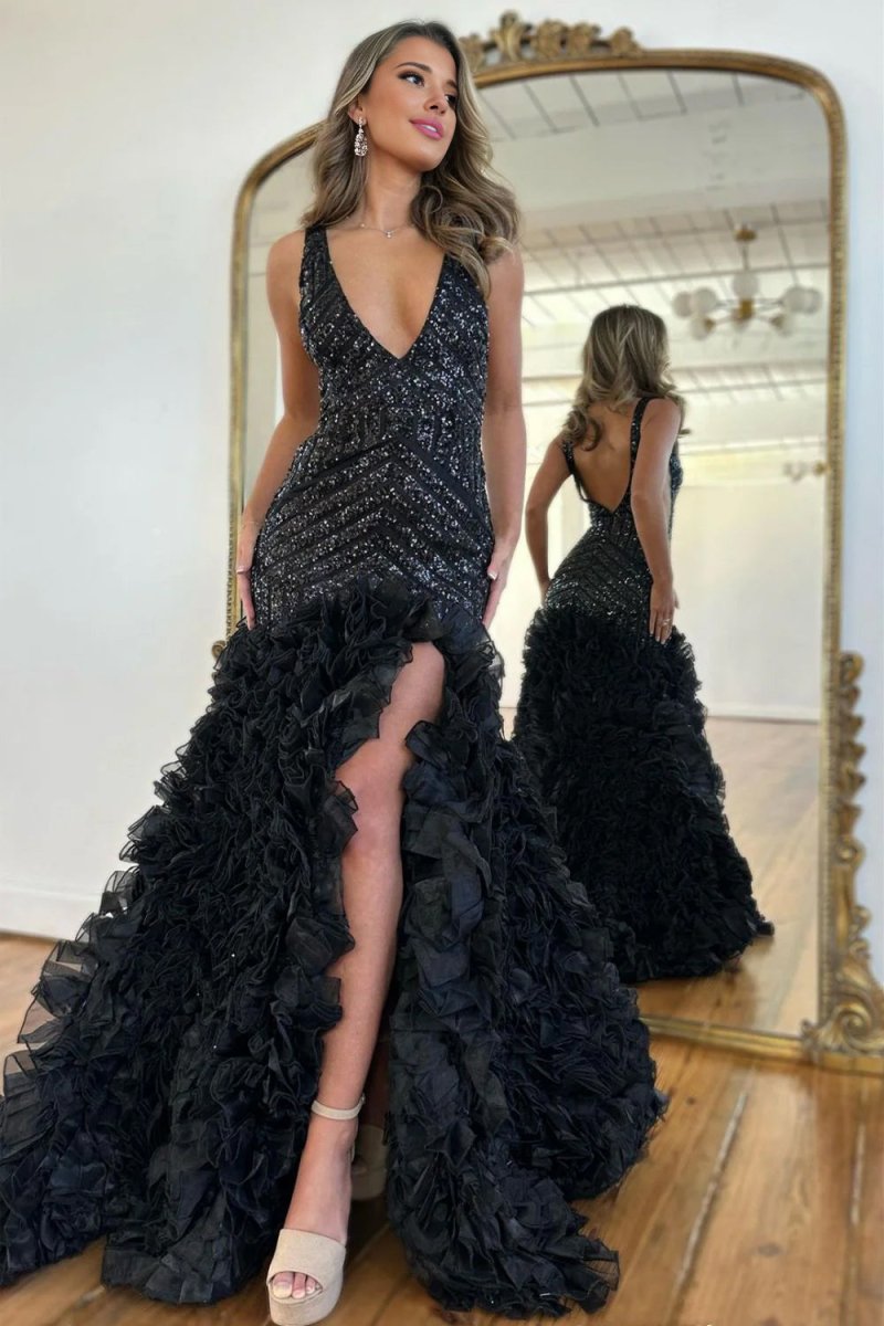 Vevina | Black Mermaid V - Neck Long Sequin Prom Dress With Ruffles - KissProm