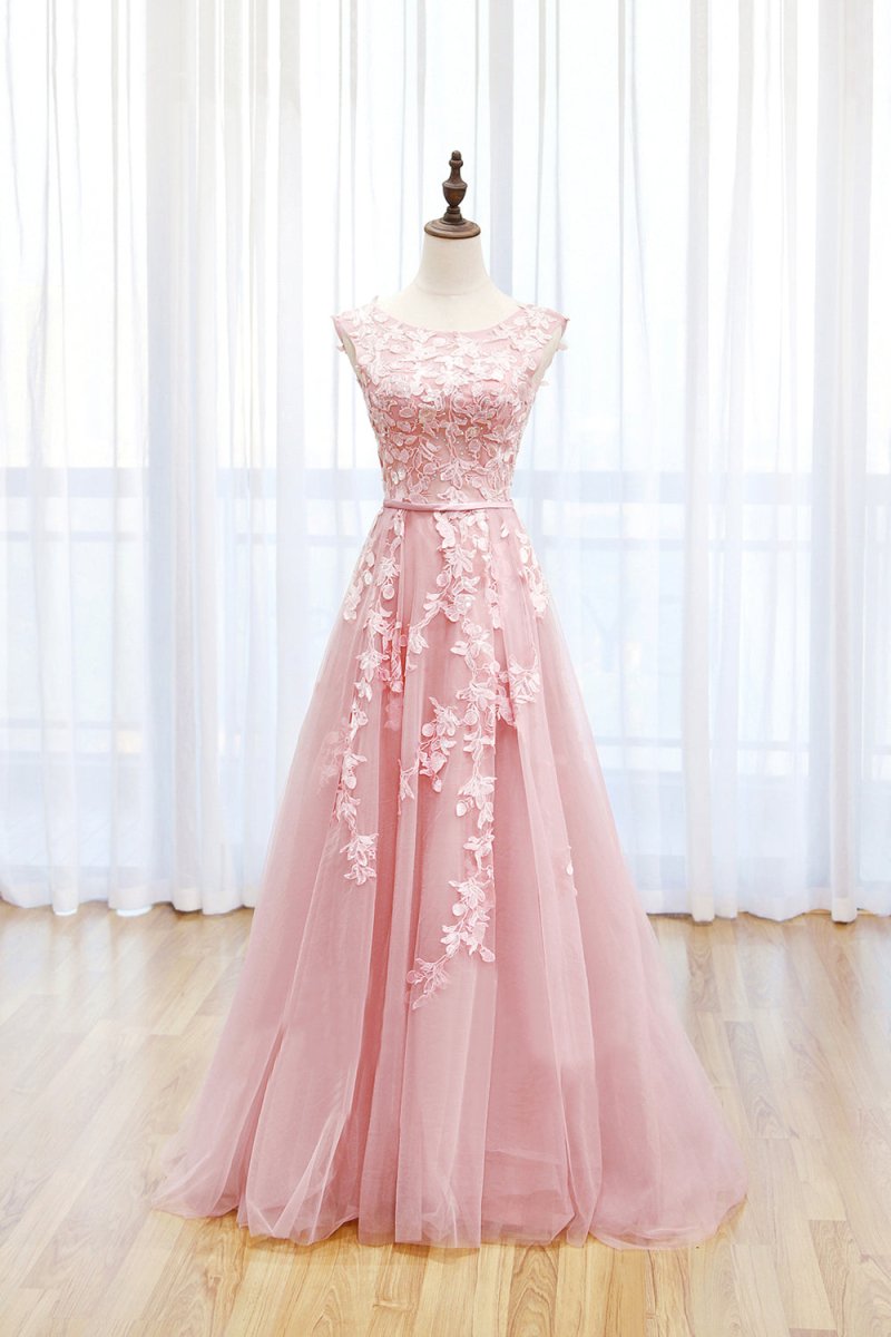 Irene | Pink Tulle Lace Long Prom Dress, Lovely A - Line Open Back Evening Dress - KissProm